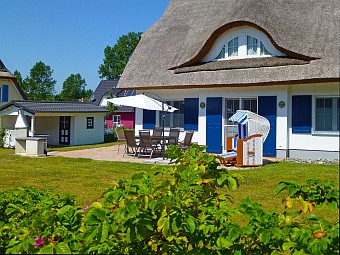 Blick auf die Terrasse mit Grill und Gartenhaus